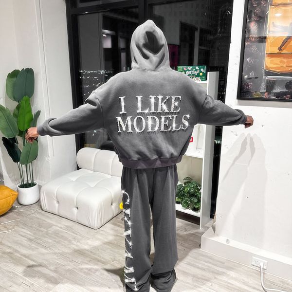 Costume sur mesure Sweat Suit Rhinestone Tracksuit Fermeture à glissière Hoodies Vêtements de rue Sacs empilés Flared Sweatpants Hoodie et Sweatpants Ensemble Hommes