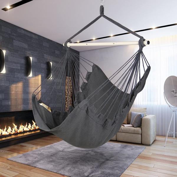 Hammock Chair Hanging Rope Swing - Max 500 Lbs - 2 Cushions Included - Steel Spreader Bar with Anti-Slip Rings