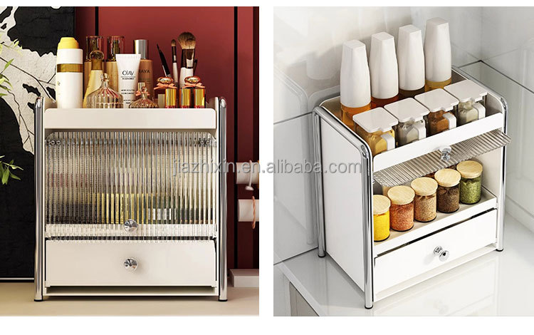 Pull-out 3 Tier Cosmetic Storage Box with Dust-proof Cabinet Door Kitchen Spice Jar Rack Coffee Capsule Drawer Desktop Organizer