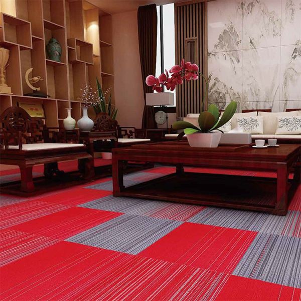 Square Red Gradient Art Deco Carpet Tiles in Loop Pile Pattern for Interiors