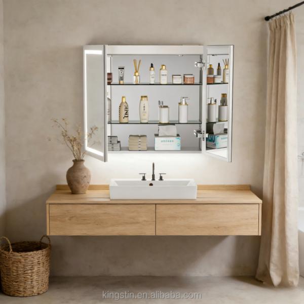 Kingstin Illuminated Bathroom Mirror Cabinet with Multi-Layer Glass Shelves LED Border Lighting Water-Resistant Wall-Mounted