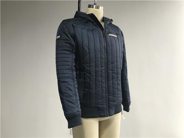 Plastic Zip Pu Leather Coat Navy Polyester Nylon Bomber Puffer Jacket With Hood TW77571