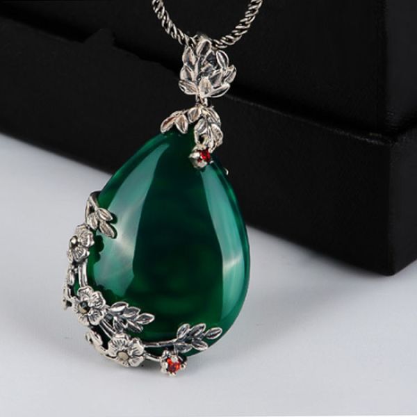 Vintage Jewelry 925 Silver Marcasite Drop Green Agate Pendant Necklace 18 Inches(LN001GREEN)