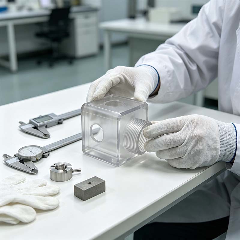 Custom CNC Machined Clear Acrylic Square Housing with Precision Milled Threads and High-Transparency for Flow Sensor Applications