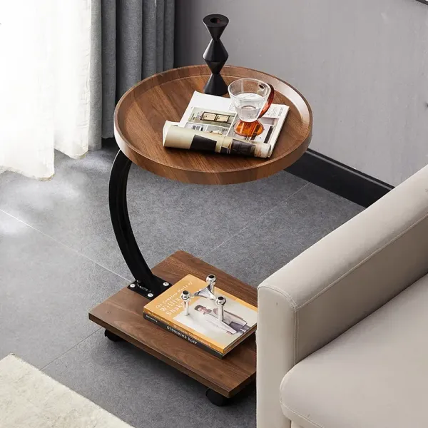 Folded Movable Sofa Side Table Coffee Laptop Corner C Shaped Rack in Living Room Bedroom with Wheels Rosewood