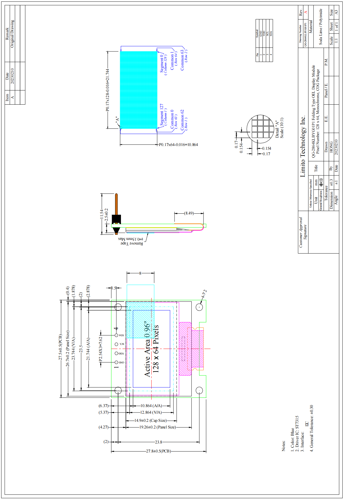 Mono OLED Display Module 128x64 Resolution 0.96 Inch