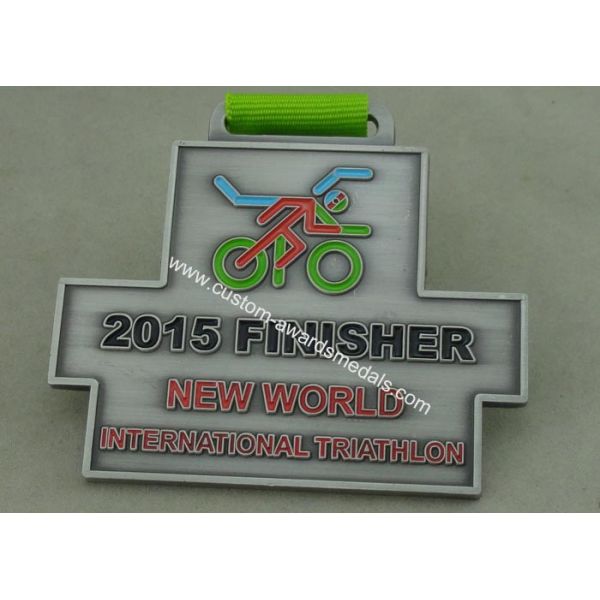 Antique Silver Zinc Alloy Triathlon Medal Soft Hard 3.0 Inch Size