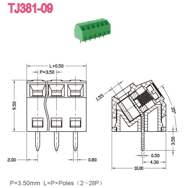 Блоки PCB тангажа 3.50mm терминальные с разъемом стержня винта входа провода 45 градусов