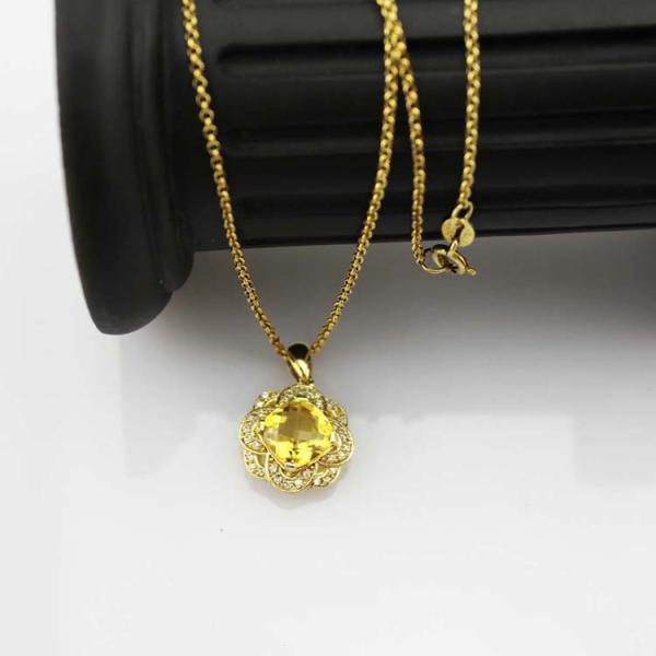 18k Yellow Gold Plated 925 Silver 8mm Round Champagne Citrine CZ Flower Style Pendant Necklace (P09)