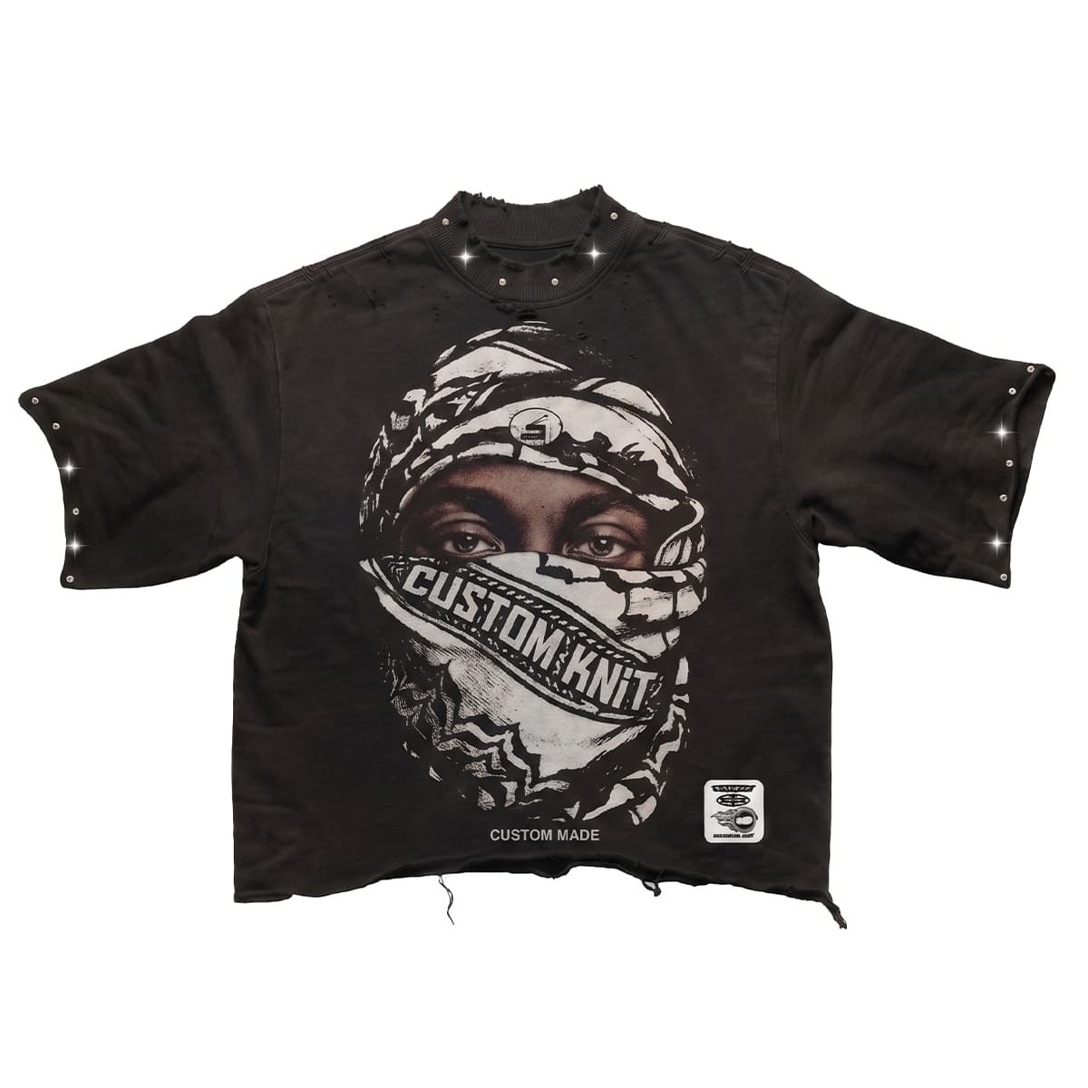 Custom Distressed Oversized Boxy Fit Graphic Tee with Rhinestone Embellishments