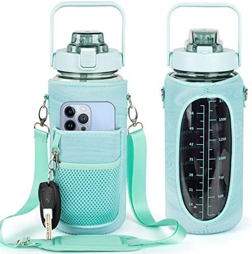 Half Gallon Water Bottle With Sleeve 64oz (2L) Inspirational Water Bottle With Straw and Time Stamp,