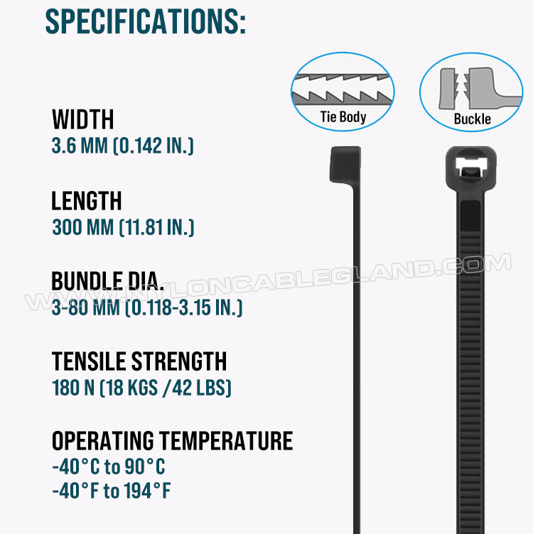 UV Resistant Nylon 12 (Polyamide 12 / PA 12) Cable Tie 300mm x 3.6, Super Weather Resistance, for Durable Outdoor Use