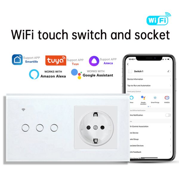 Alexa Wifi Smart Wall Switch And Socket Dual USB Waterproof Tempered Glass Panel