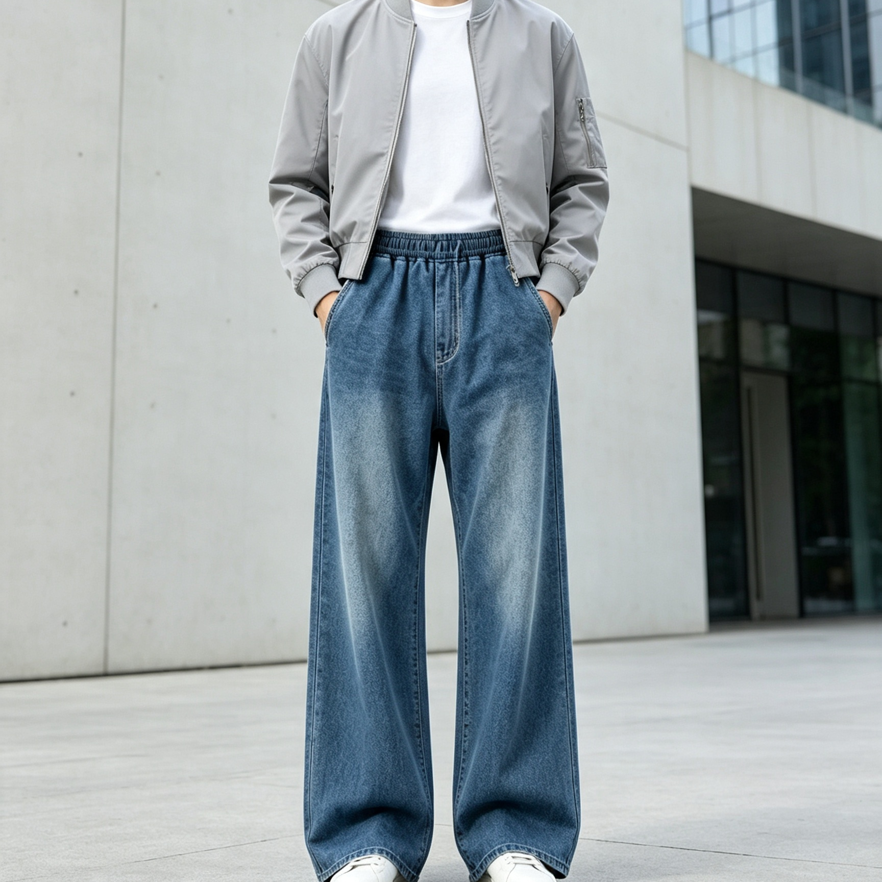 Lightweight Washed Denim Pants Wide Leg Denim Jeans Elastic Drawstring