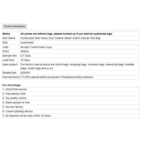 Customized Size Heavy Duty Outdoor Beach Cotton Tote Canvas Bag