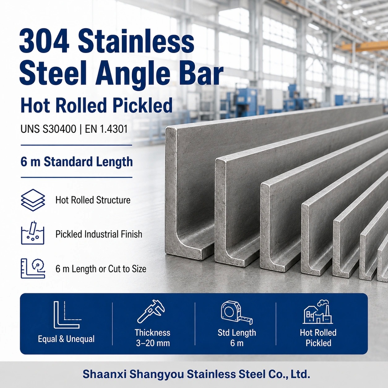 304 Stainless Steel Angle Bar Hot Rolled Pickled in 6m Lengths