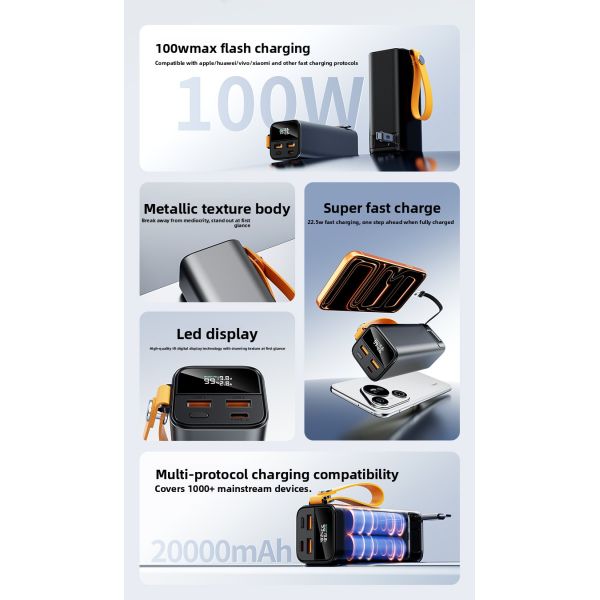 20000mAh /100W Power Bank with Portable Handle Retractable Cable LED Display Featuring Li-Polymer Battery