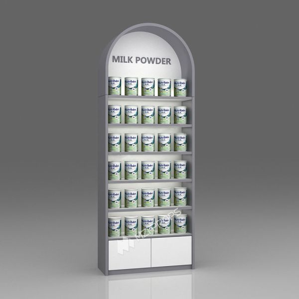 Estanterías de un solo lado, gabinete de pared para leche en polvo, estante de madera y metal para diseño de interiores de tienda de bebés