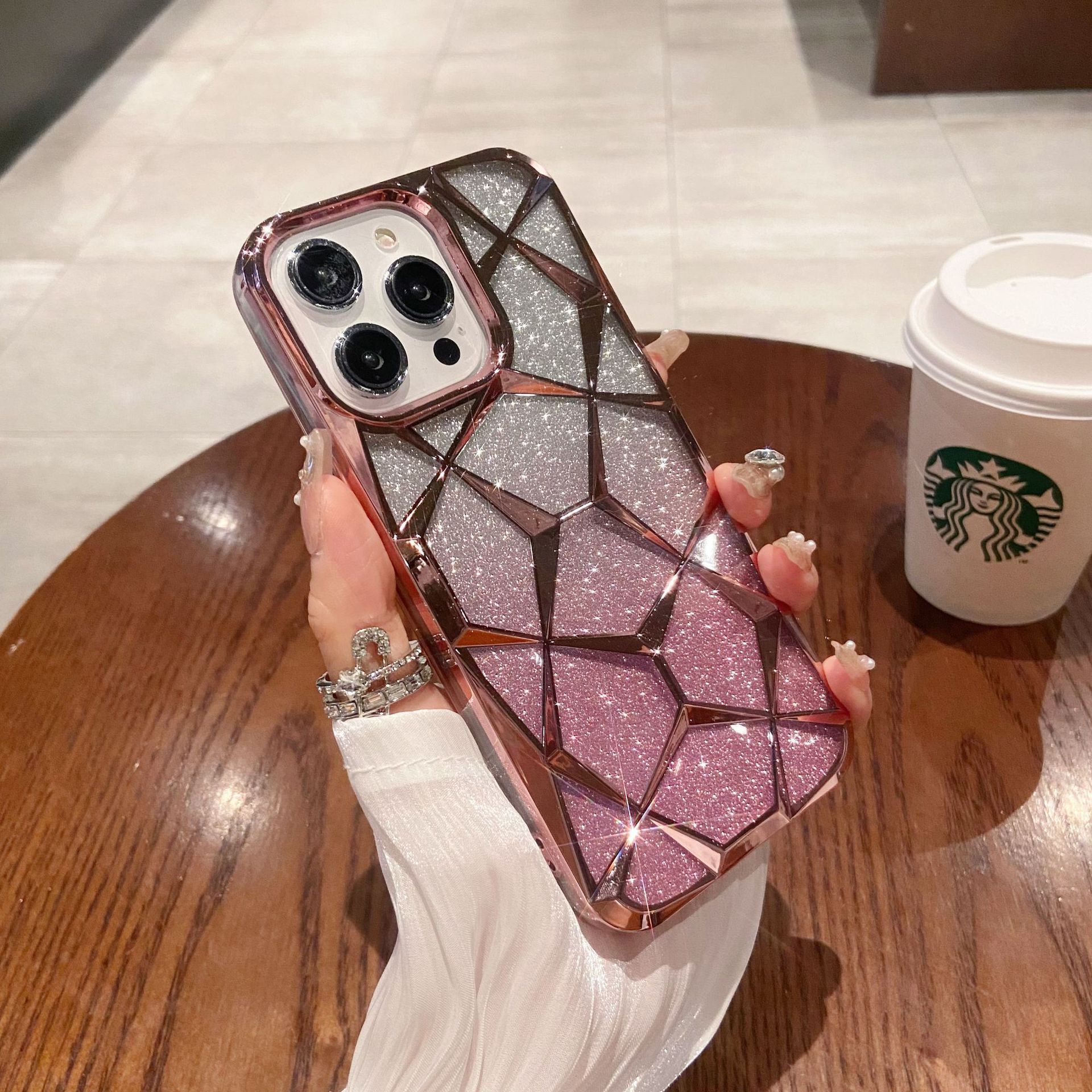 PC Premium Geometric Quilted Gradient Glitter Soft Waterproof Shockproof Mobile Phone Case for for 11 12 13 14 15 Pro Max