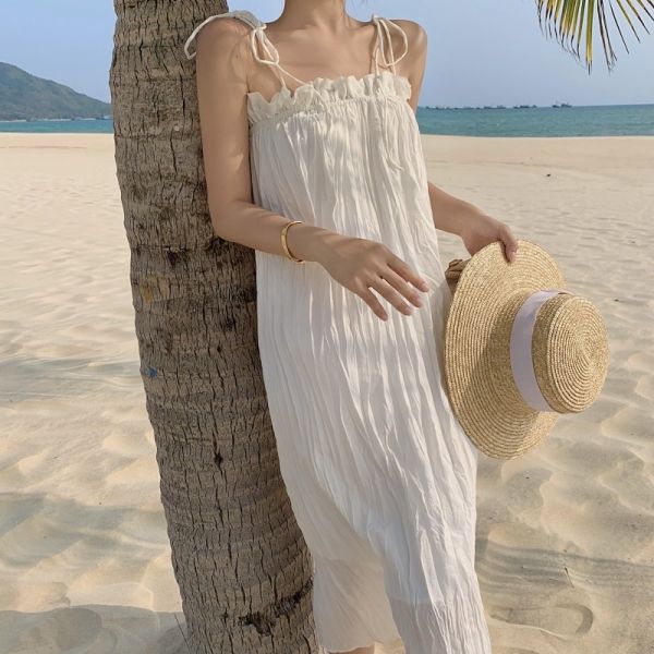 Cotton Square Collar Women's Beachwear Dresses , Backless White Loose Beach Dress