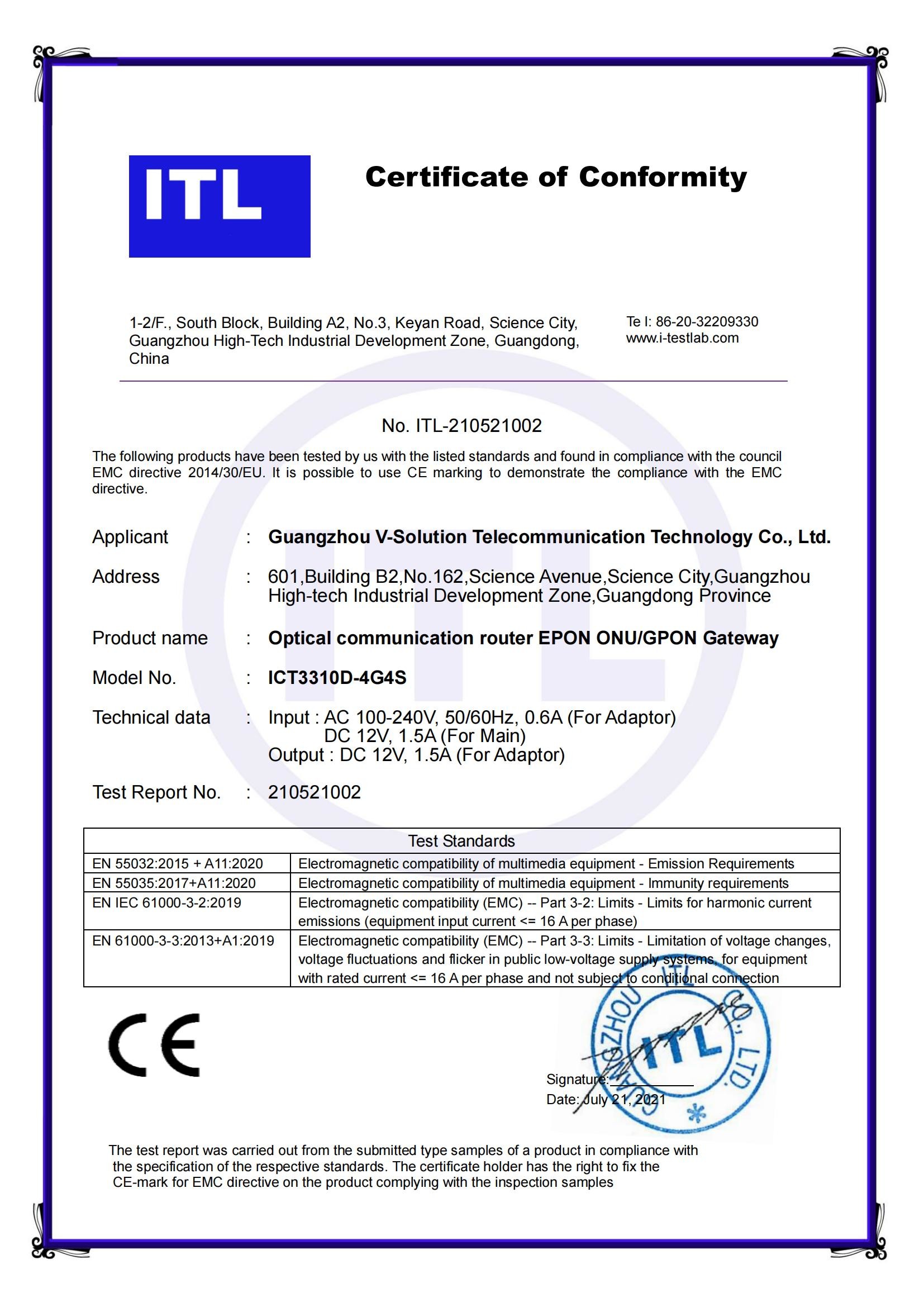 Guangzhou V-Solution Telecommunication Technology Co., Ltd. Сертификации