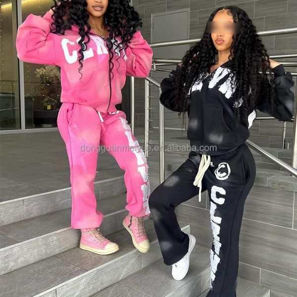 Custom Zip up Sweatsuit Acid Wash Applique Patch Embroidery Distresses Hoodie Jogging Tracksuit Flared Sweatpants and Hoodie Set