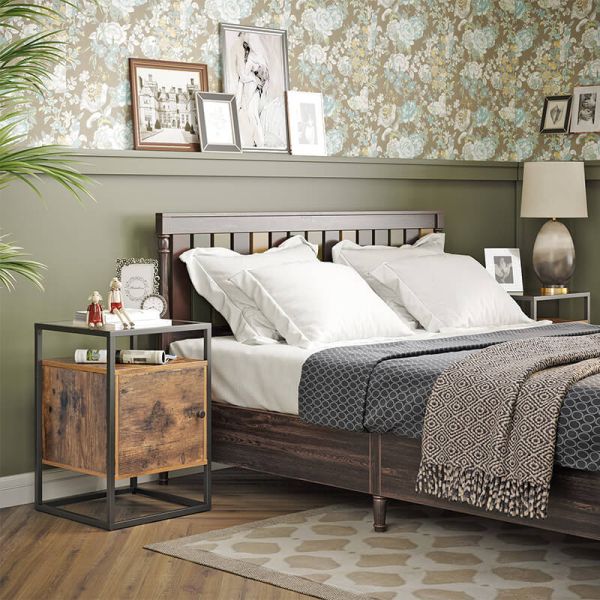 Glass Top Nightstands with Cabinet for Sale, Industrial Side Table for Bedroom, LNT05BX