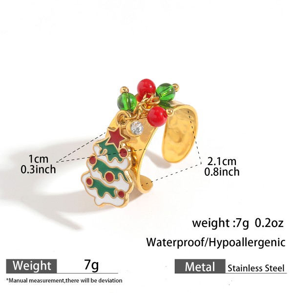 Fashion Popular Stainless Steel Enamel Christmas Tree Stocking Reindeer Snowflake Jewelry Rings 18k Gold Plated Adjustable Ring