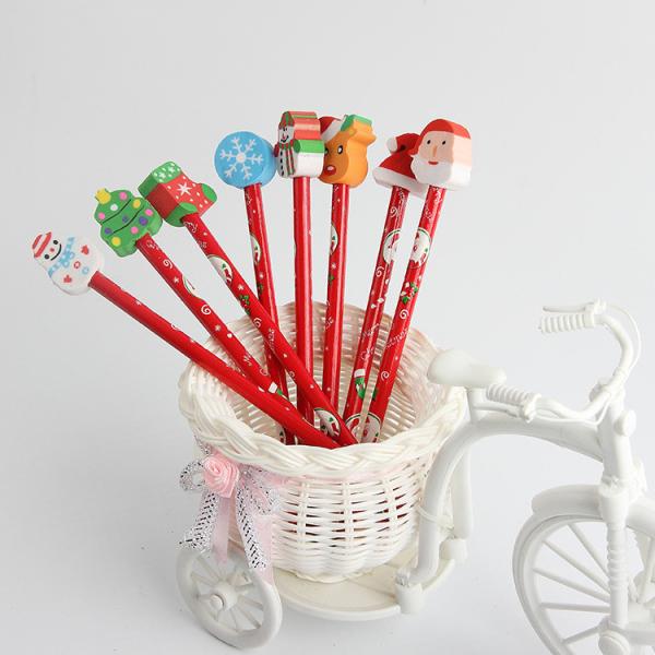 Children School Supplies Christmas Cartoon Eraser Pencil Set with Red Wood Pencils