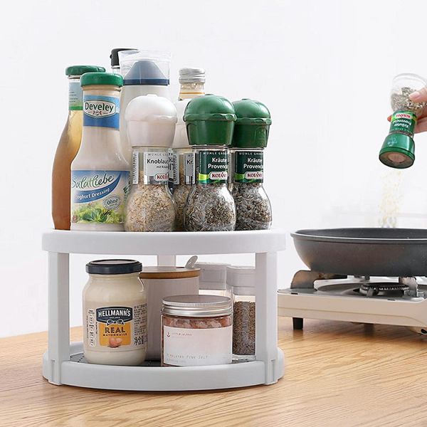 2 Layers Kitchen Spices Rotating Storage Rack for Easy Access to Spices and Toiletries