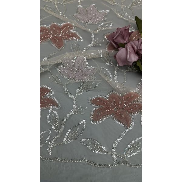 Tejido de encaje bordado floral con cuentas de poliéster de malla hueca para vestidos de noche