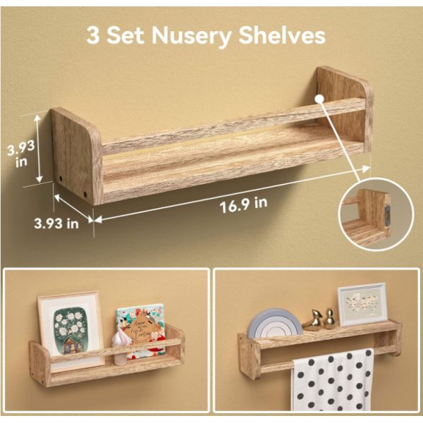 Set of 3 Simple yet Chic Kids Room Wall Mounted Nursery Bookshelf Wood Floating Shelves Kids Bedroom Toddler Room Decor