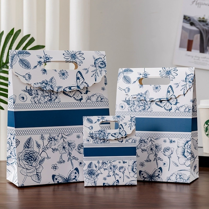 Floral Printed Paper Gift Bags with Die Cut Handle and Flap Top