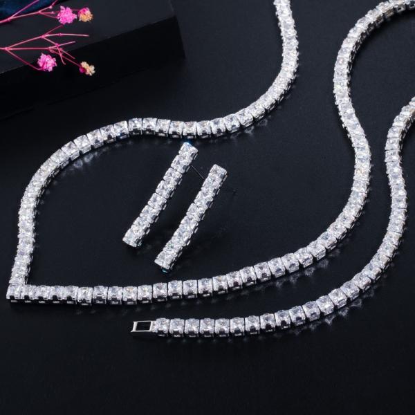 White Gold Color Luxury Bridal CZ Crystal Necklace and Earring Sets Big Wedding Jewelry Sets For Brides