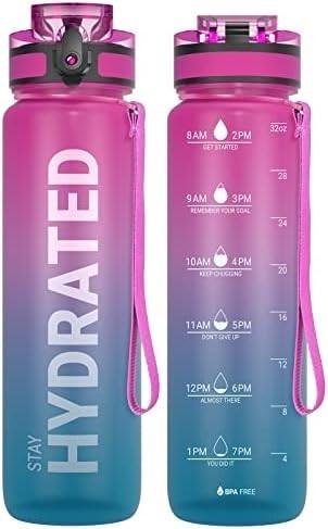 32oz Motivational Sports Water Bottle with Time Marker - Times to Drink - Tritan, BPA Free, Wide Mouth Leakproof,
