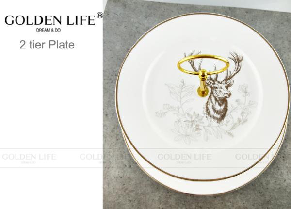 Tableware Two Tier Ceramic Fruit Plates With Gold Metal Stand Wapiti Pattern