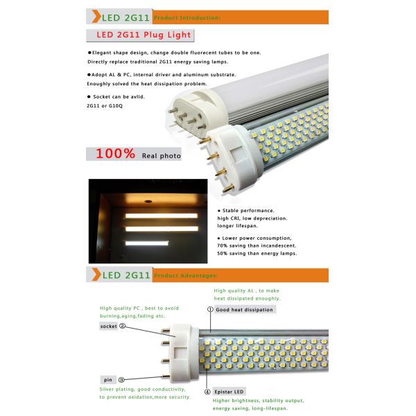 5000K 4 Pin GY10Q 2G11 Socket Epistar 3528SMD LED Tube Light