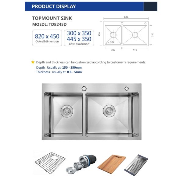 Topmount Stainless Steel Kitchen Sink Brushed 40 / 60 Double Bowl 18 Gauge 82x45