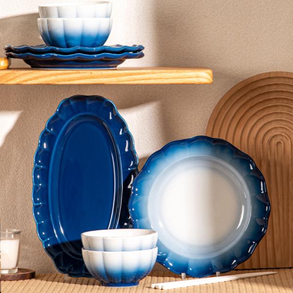 Gradiente Azul e Branco Servidores de Jantar Conjunto de Servidores de Mesa Floral de Ossos de Cerâmica para o Dia da Mãe