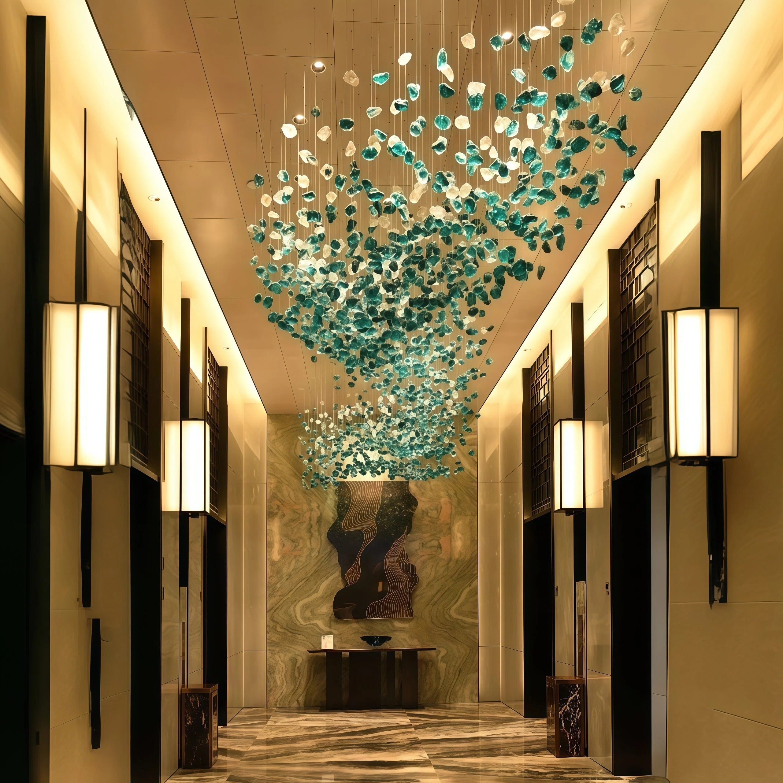 JYLIGHTING Custom Gradient‑Color Crystal Cascade Chandelier, Wrought Iron Frame Large Art Suspension Light, High‑Ceiling Hanging Lamp for Hotel Lobby & Commercial Engineering Projects