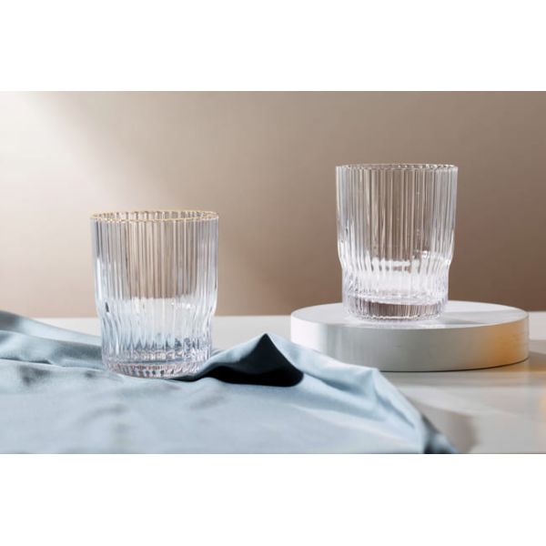 Silver Gold Rimmed Clear Hand Blown Drinking Glasses 340ml Vertical Striped 12Oz