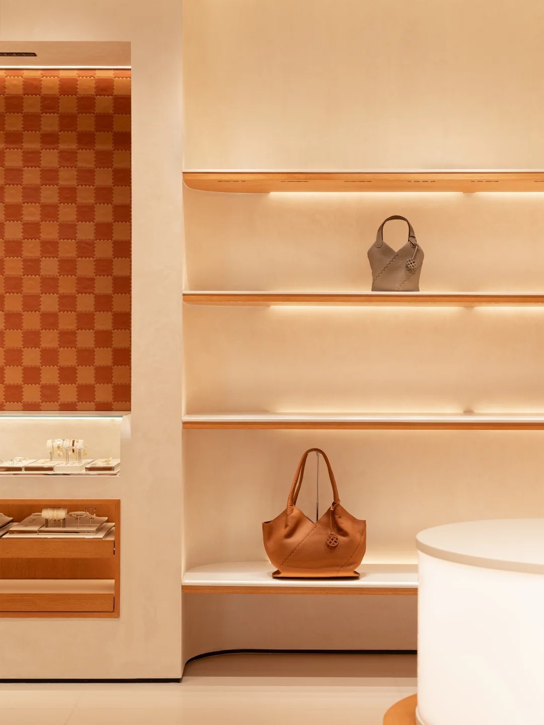 Full Set Handbag Store Display Fixtures Wooden Bag Display Cabinet For Leather Goods Boutique