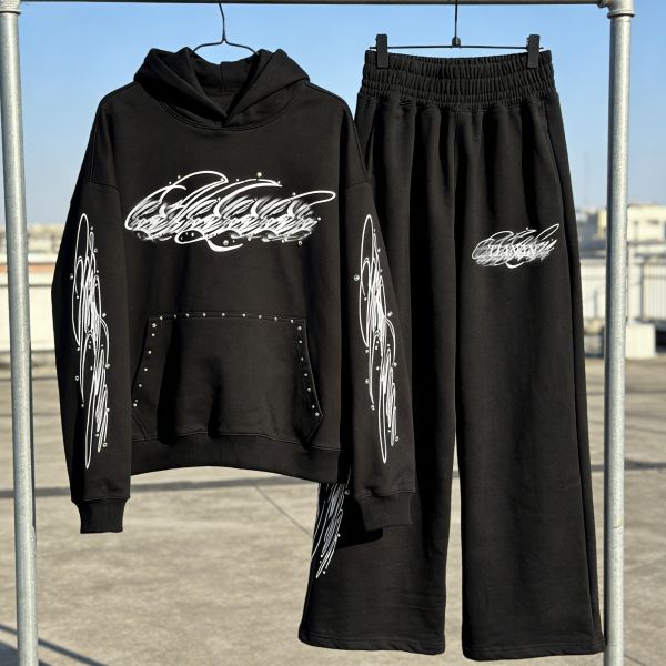 Wholesale Men's Hoodies&sweatshirt Sets Custom High Quality Cotton Polyester Autumn Long Tracksuit Rhinestone Print Sweatsuit