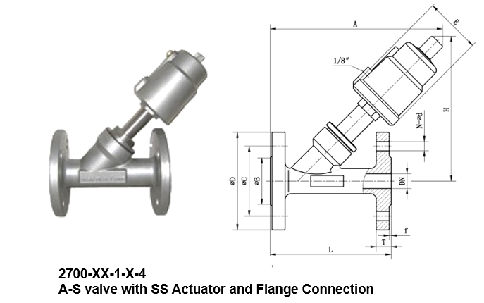 Flange Stainless Steel Y Type Pneumatic Angle Seat Valve