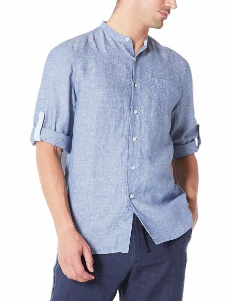 Xxxl Breathable Pure Linen Mens Long Sleeve Shirts Rolled Up With Band Collar