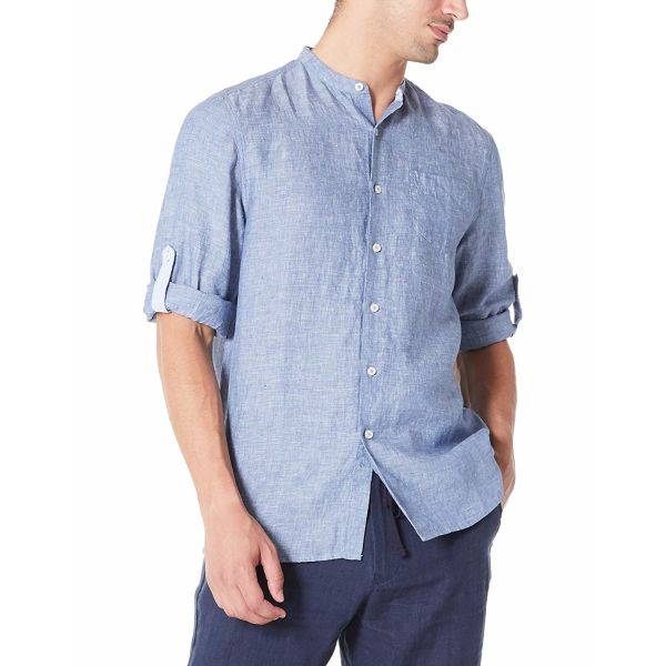Xxxl Breathable Pure Linen Mens Long Sleeve Shirts Rolled Up With Band Collar