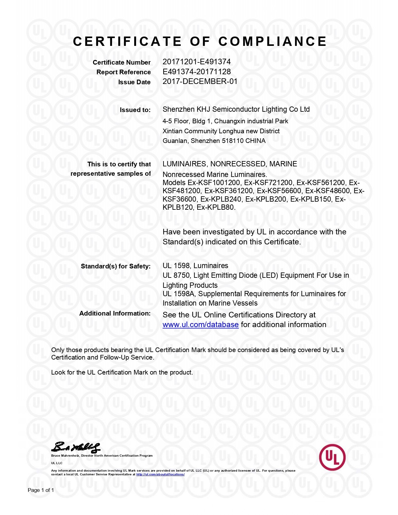Shenzhen KHJ Semiconductor Lighting Co., Ltd Сертификации