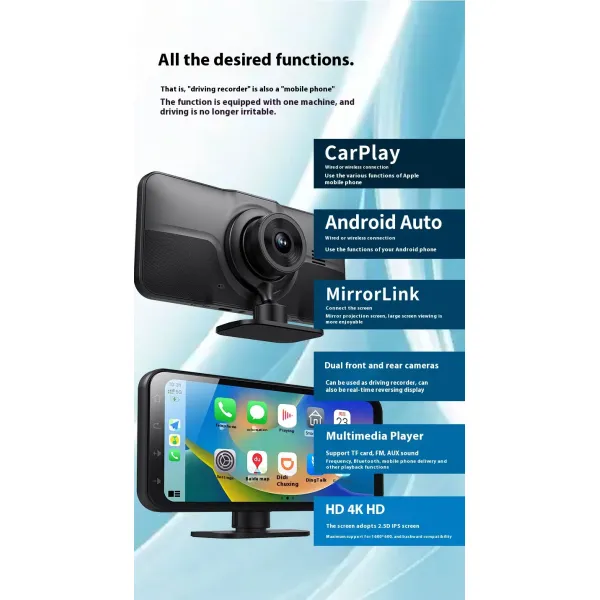 6.25 Inch Wireless Carplay Dashcam Bluetooth Connectivity High Definition Recording