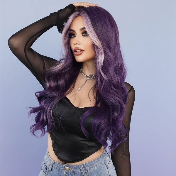 Fashion Long Body Wave Hair Purple Synthetic Wigs For Women