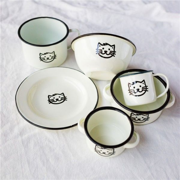 Handmade Kids Enamel Dinnerware Set Plate Mug Rice Bowl Dish Set Lovely Cat Design